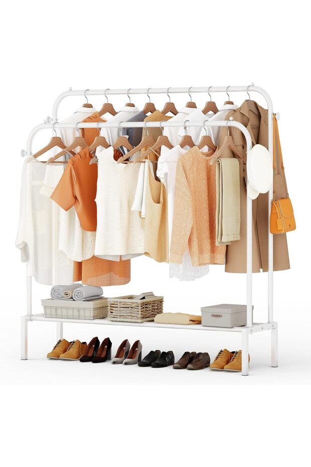 Clothes Rack for Bedroom with 2 Hanging Rails to Hang Clothes, 4 Clothe Hooks and Bottom Shelve for - 1
