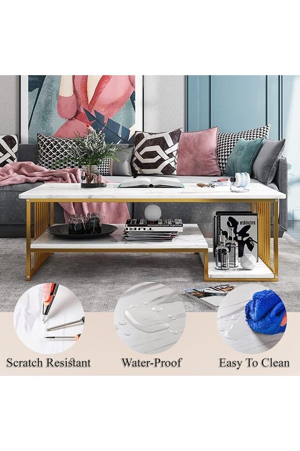 2 Layer Coffee Table White Rectangular Table For Living Room, Sofa Side Table, Marble Center Table - 7