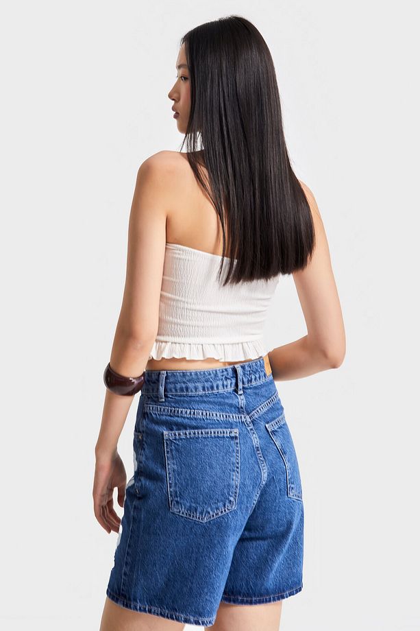 Kadın Mavi Renk 1S5-5 Beyaz Çiçek Nakışlı Midi Boy %100 Koton Tasarım Denim Şort - 5