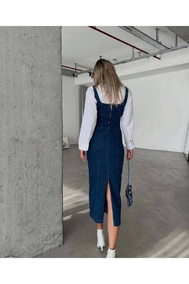 Timagna Slim Fit Strap Slit Midi Length Denim Dress - 4