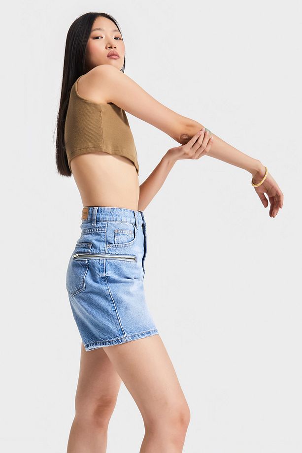 Kadın Mavi Renk 2s5-3 Midi Boy Yandan Fermuarlı Mom Fit Yüksek Bel Tasarım Denim Şort - 4