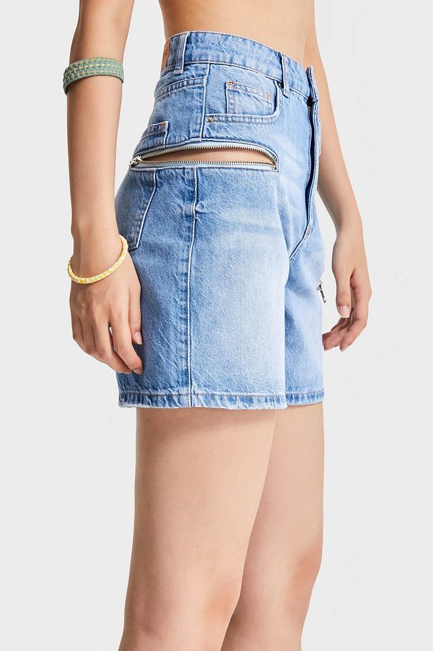 Kadın Mavi Renk 2s5-3 Midi Boy Yandan Fermuarlı Mom Fit Yüksek Bel Tasarım Denim Şort - 5