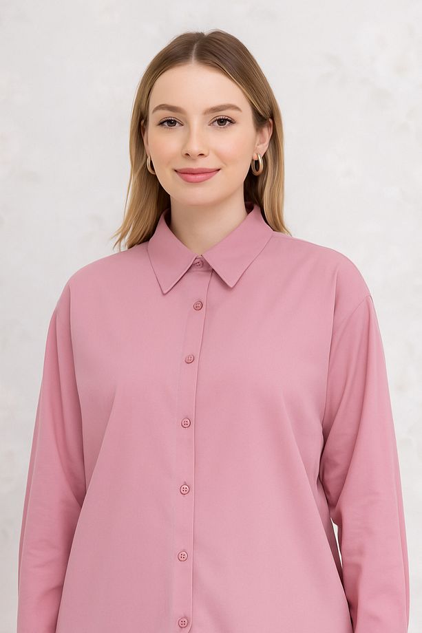 Kadın Oversize Uzun Gömlek Gül Kurusu - 1