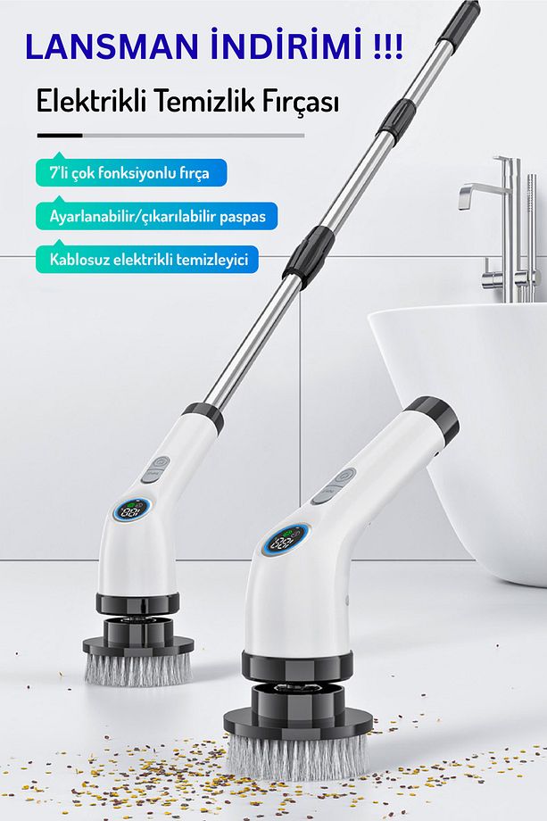 Şarjlı Ve Elektrikli Temizlik Fırçası, 7 Başlık, Mutfak, Banyo, Araba, Halı Ve Tüm Yüzeyler Fırçası - 2