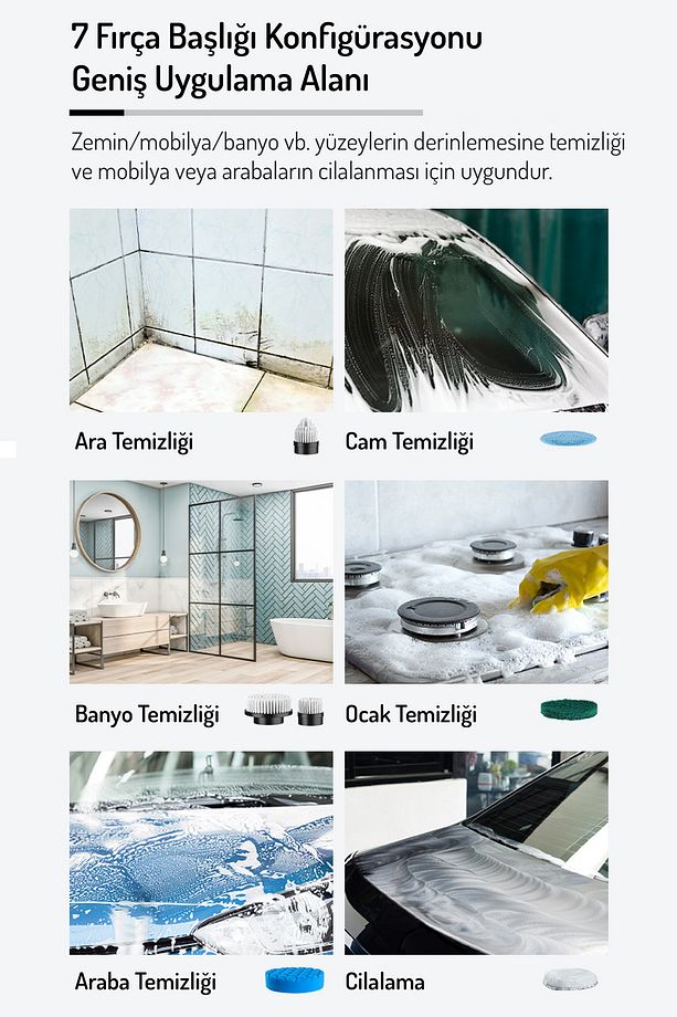 Şarjlı Ve Elektrikli Temizlik Fırçası, 7 Başlık, Mutfak, Banyo, Araba, Halı Ve Tüm Yüzeyler Fırçası - 5
