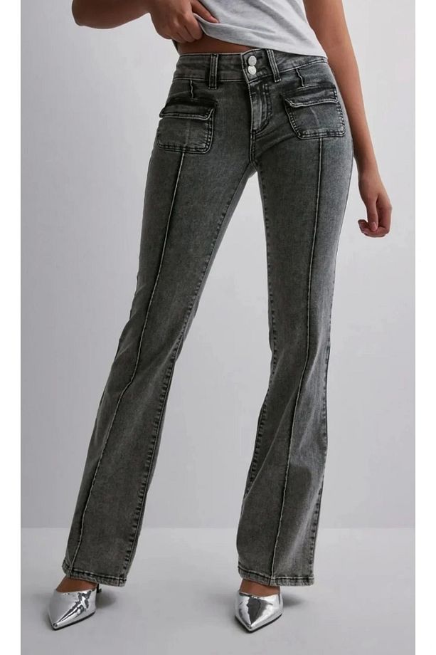 Düşük Bel Gri Bootcut Cep Kot Pantolon - 1