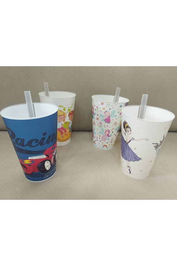 Pipetli Kamışlı Bardak 4lü Set Karma Renkler - 4