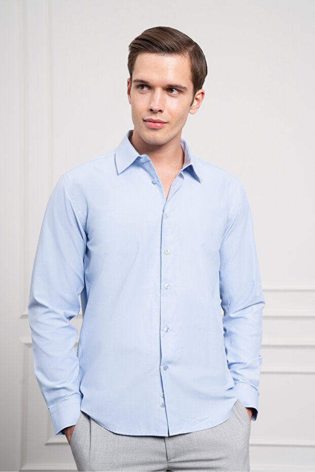 Men's Blue Slim Fit Slim Fit Hard Sport Collar Shirt