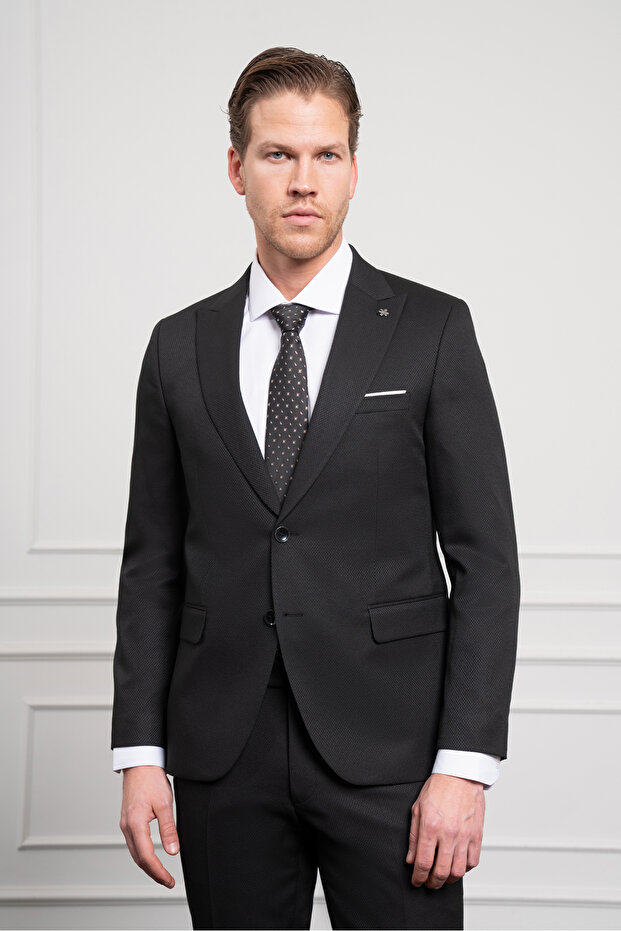 بدلة رجالية سوداء بنمط الجاكار الأساسي بقصة ضيقة وياقة مدببة - 1