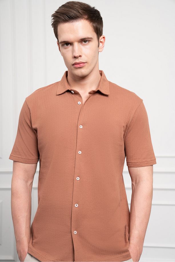 Erkek Kiremit Trend Apaçi Yaka Dynamic Fit Kısa Kollu Gömlek - 5