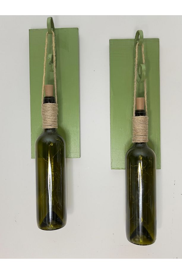 Led Işıklı Yeşil Ahşap Renkli Retro Şarap Şişesi Duvar Aplik 2'li Set - 6