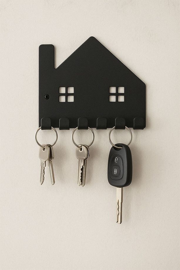 Ev Şeklinde Lazer Kesim Metal Anahtarlık Askısı - 6 Kancalı, Duvar Tipi - Keys - 1