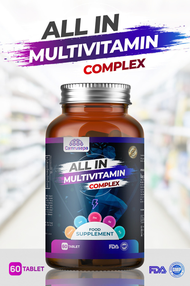 All in Multivitamin Complex (Ca-Fe-Zn-D3-B3-B5-D3-B6-B1-B2-B12-C-E-A-D Biotin) 60 Tablets - 1