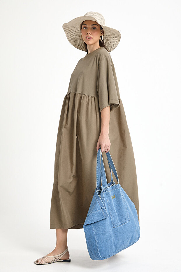 Haki Üstü Penye Altı Dokuma Oversize Uzun Elbise 27258 - 9