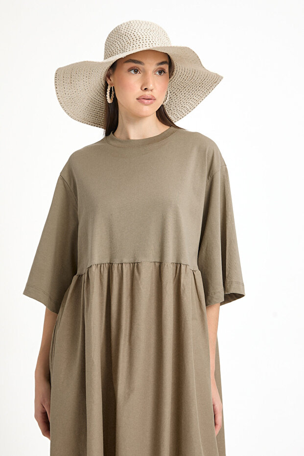 Haki Üstü Penye Altı Dokuma Oversize Uzun Elbise 27258 - 8