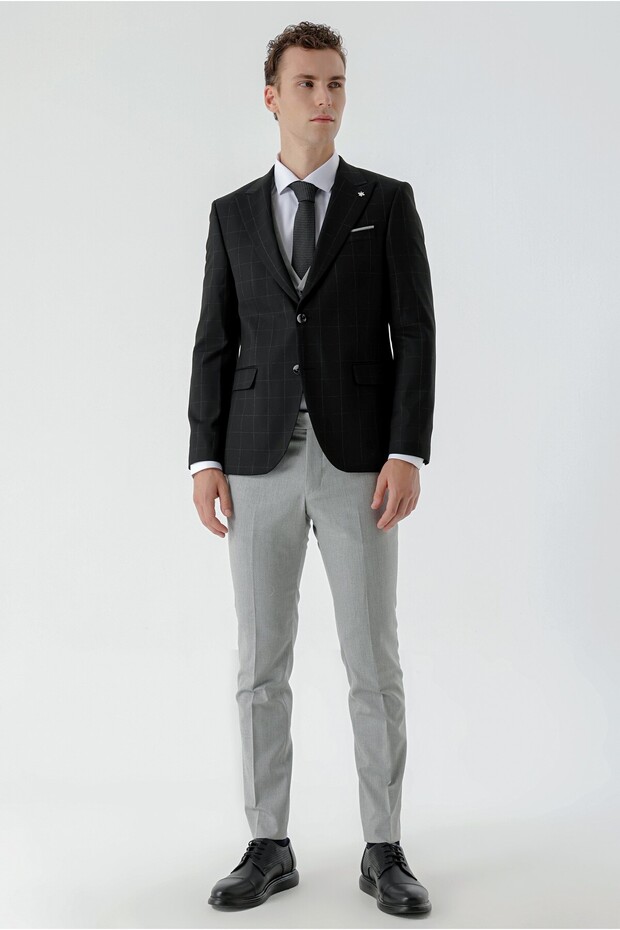 Men's Black Checkered Combination Slim Fit Suit