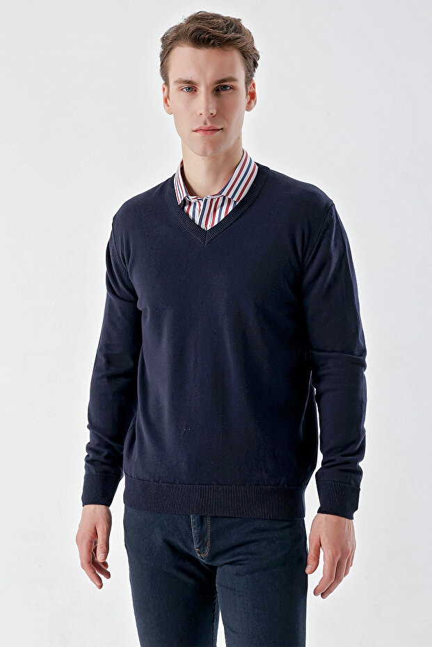 Erkek Lacivert Basic V Yaka Dynamic Fit Rahat Kesim Triko - 3