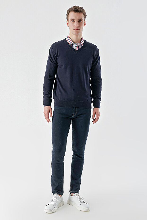 Erkek Lacivert Basic V Yaka Dynamic Fit Rahat Kesim Triko - 6