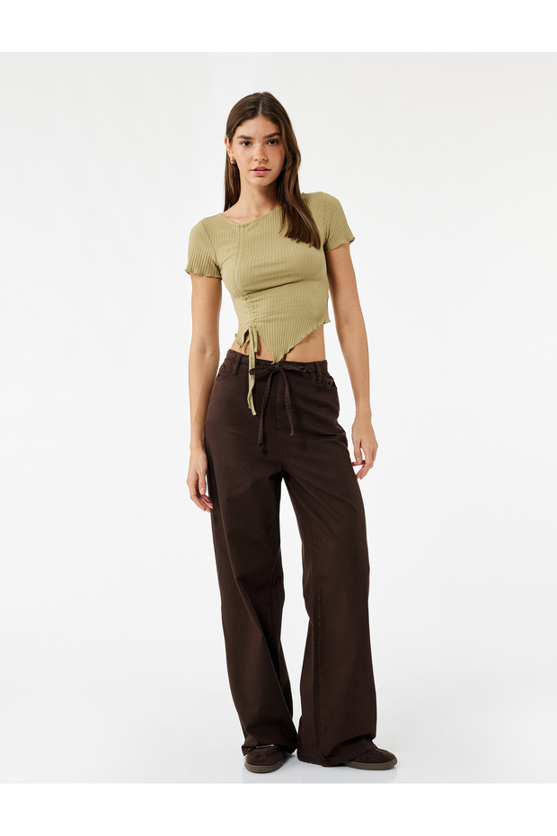 Asymmetrical Cut Gathered Crew Neck Short Sleeve Blouse