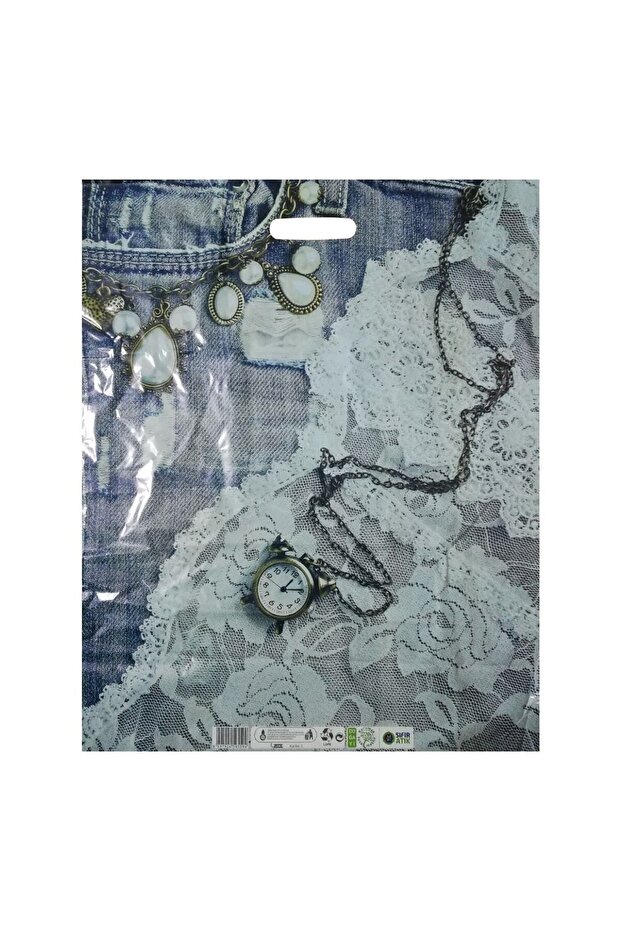 Baskılı Mağaza Poşeti (no 4) 50 Adet Kot Desenli Takviyeli Poşet Diagonal Poşet - 1