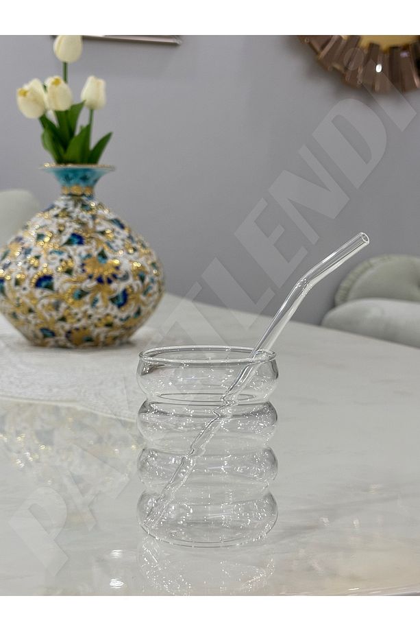 4 Adet Parlak Isıya Dayanıklı Boğumlu Şerit Borosilikat Soğuk/Sıcak Kahve Bardağı Pipet Hediyeli - 4
