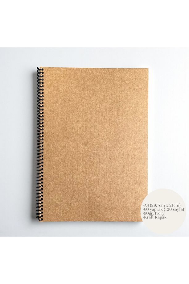 Çizgisiz Spiralli Defter, A4 Boyut (21X29,7 CM), 60 Yaprak (120 SAYFA), Kahverengi Kapak - 1