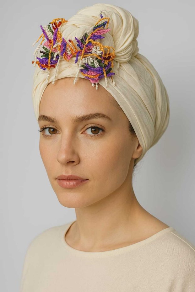 Betty Bands Hand Embroidered Colorful Embroidered Cream Writing Shawl – Cheesecloth Stylish Scarf Accessory Bandana