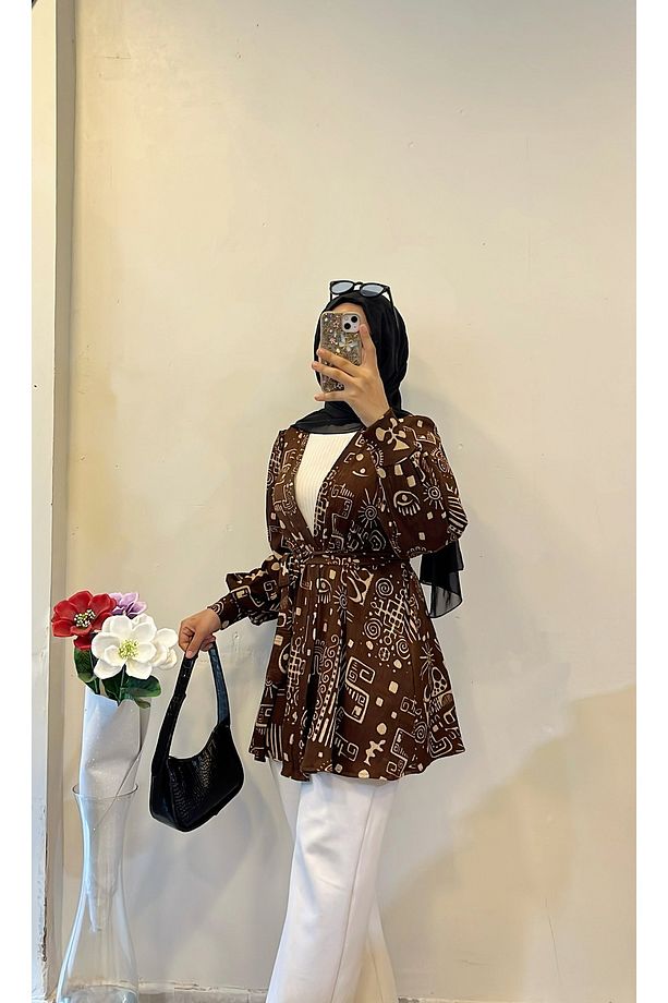 Kahverengi desenli bürümcük kimono - 3