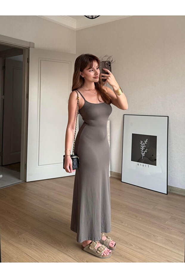 İp Askılı Basic Vizon Elbise - 3