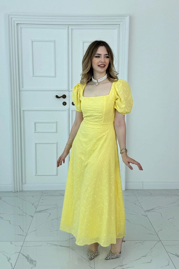 Kare Yaka Balon Kollu Fisto Sarı Elbise - 2