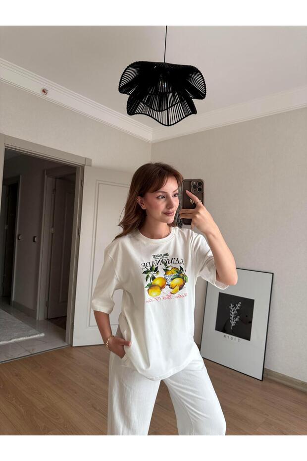 BEYAZ LEMONADE BASKILI TİŞÖRT - 1