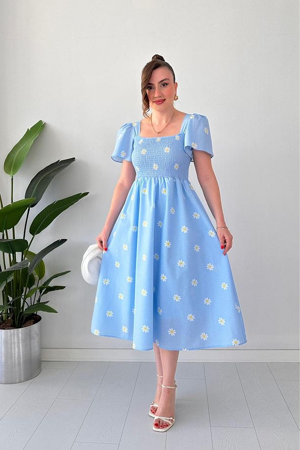 Papatyalı Çan Kol Poplin Elbise Bebe Mavi - 3