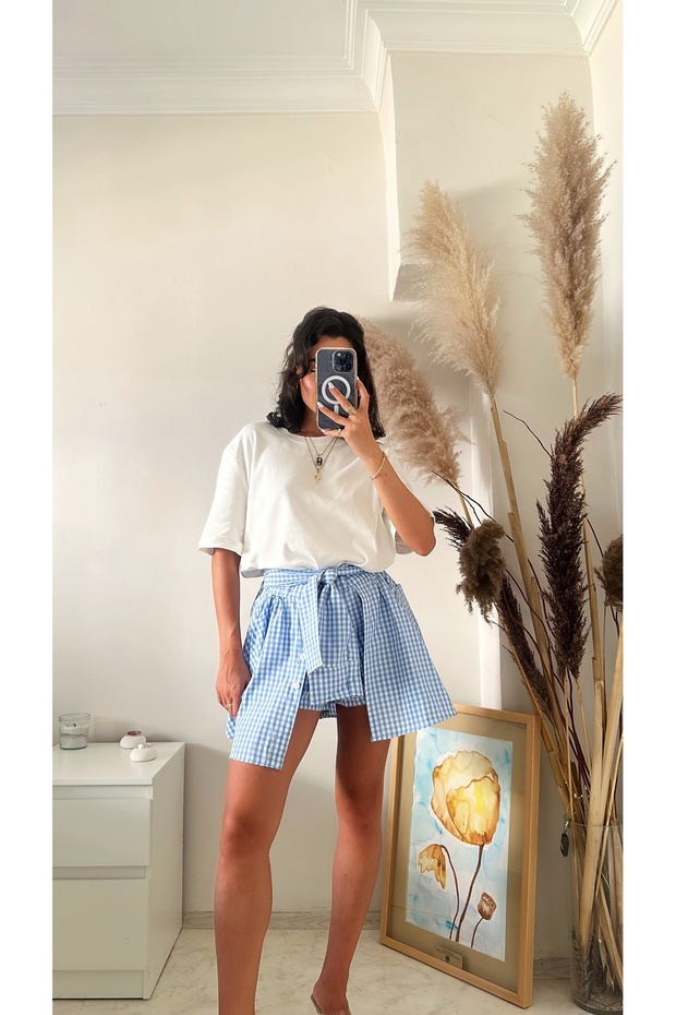 Gingham Bağlamalı Şortlu Etek - 1