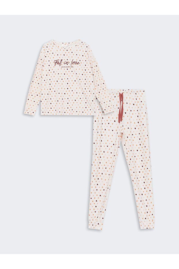 Pembe Bisiklet Yaka Desenli Kadın Pijama Takımı - 1