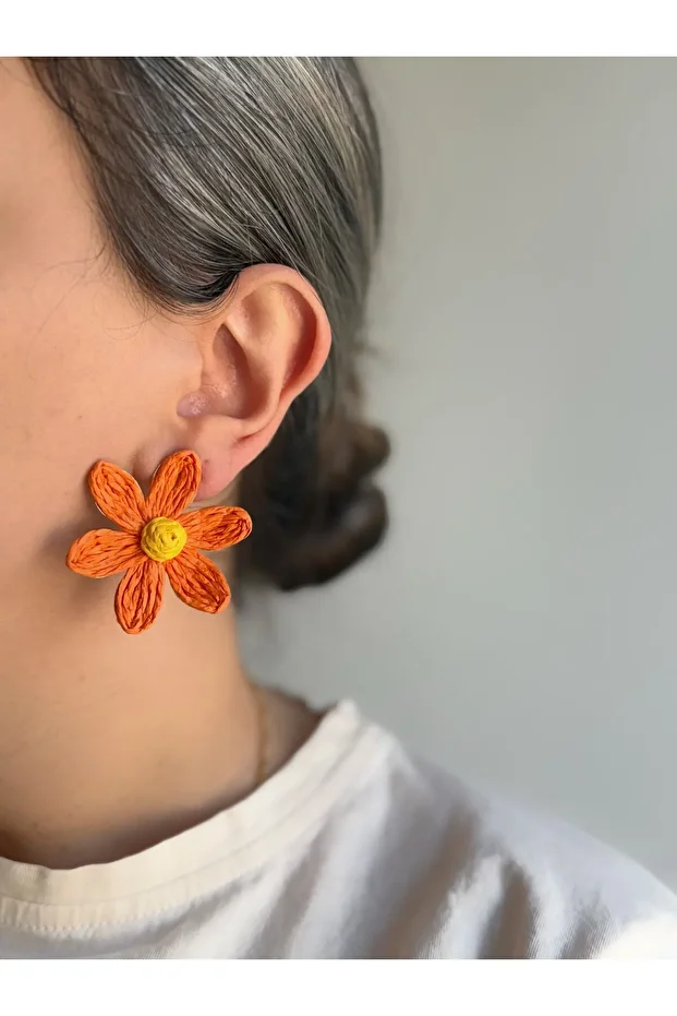 Summer Vibes Hasır Turuncu Çiçek Form Zelyra Küpe - 1