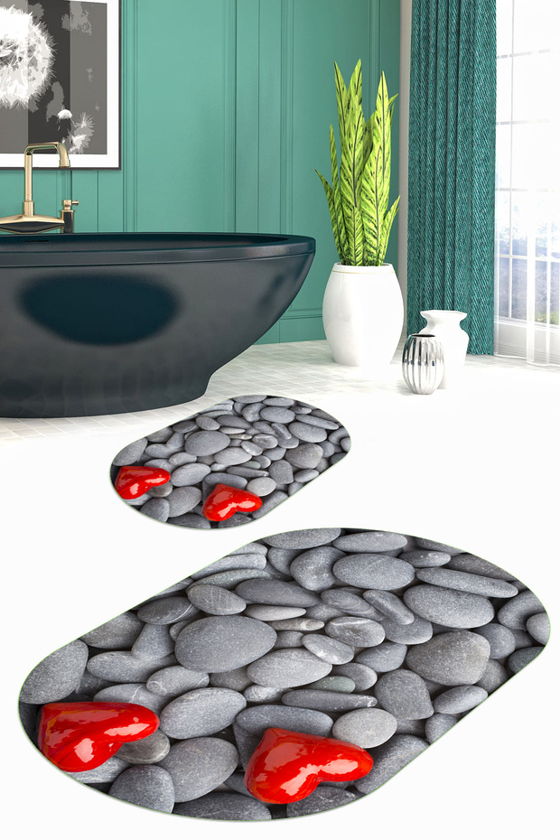 3D Printed Non-Slip Base Washable Oval Bath Mat Set of 2 Toilet Seat Covers