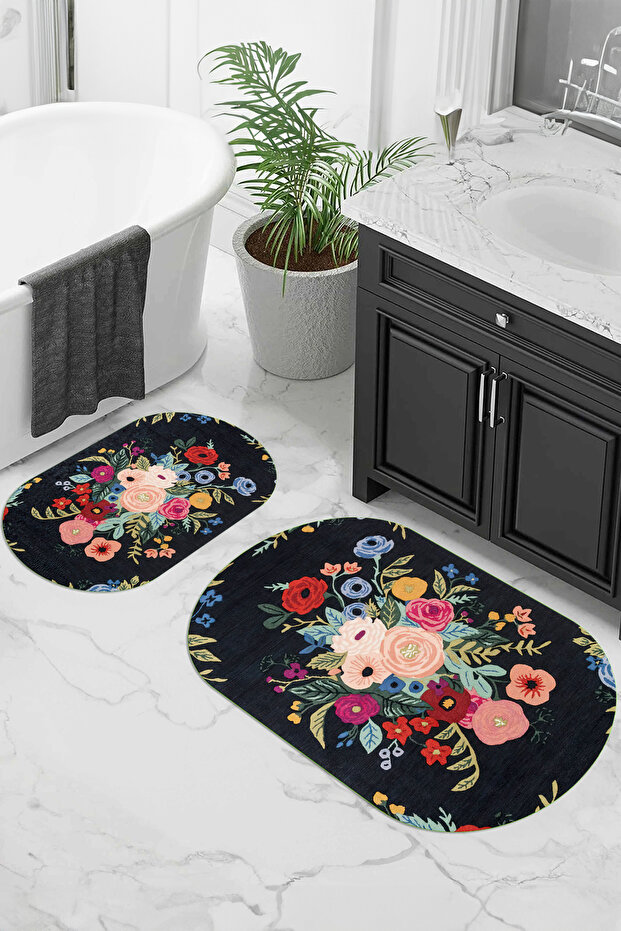 Digital Non-Slip Base Washable Flower Pattern Oval Bath Mat Set of 2 Toilet Seat Covers
