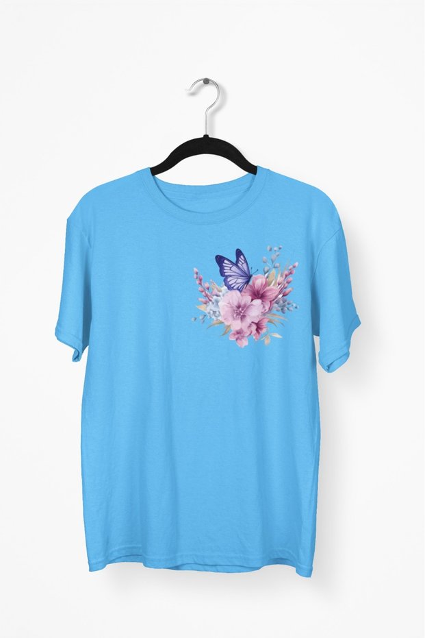 Girl/Women Butterfly Flower Transfer Printed Round Neck Short Sleeve T-Shirt