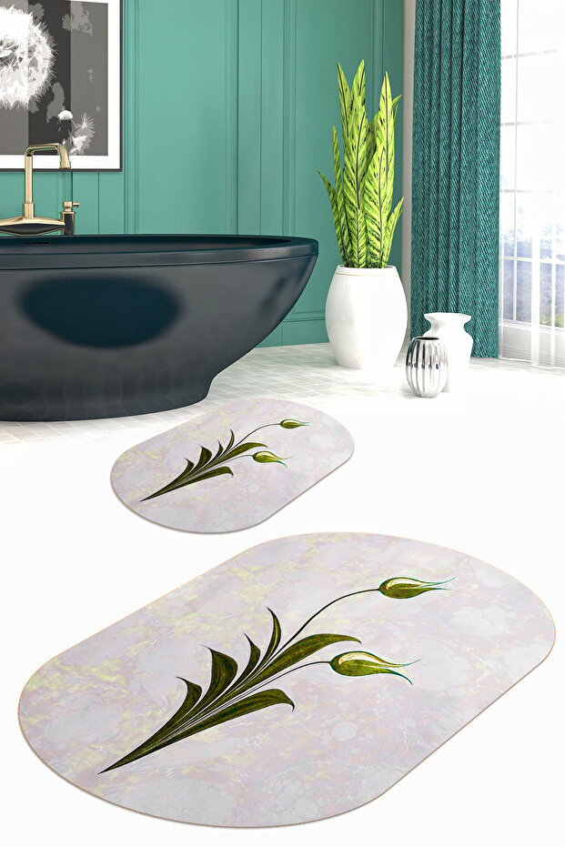 Printed Non-Slip Base Washable Flower Pattern Oval Bath Mat Set of 2 Toilet Seat Covers