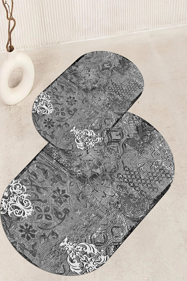 Digital Printed Non-Slip Base Washable Oval Bath Mat Set of 2 Toilet Seat Covers