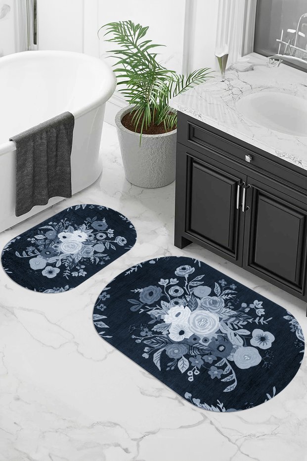 Digital Non-Slip Base Washable Flower Pattern Oval Bath Mat Set of 2 Toilet Seat Covers