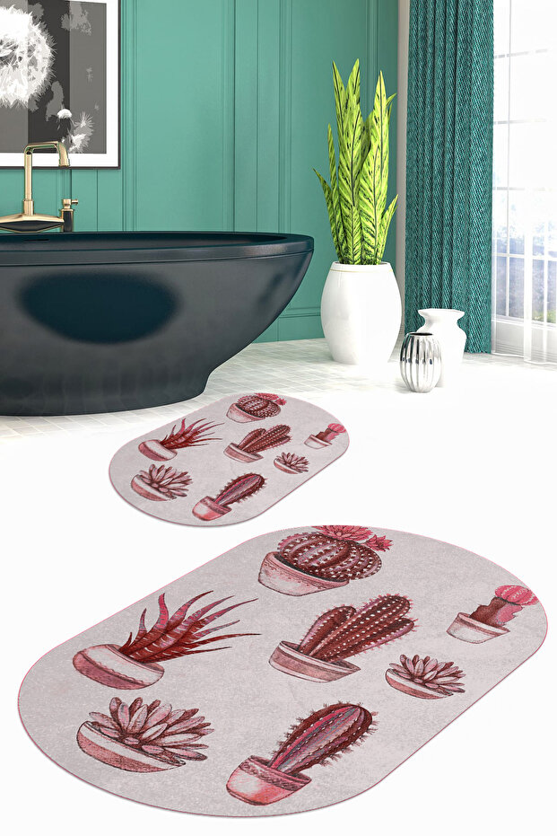Printed Non-Slip Base Washable Cactus Pattern Oval Bath Mat Set of 2 Toilet Seat Covers
