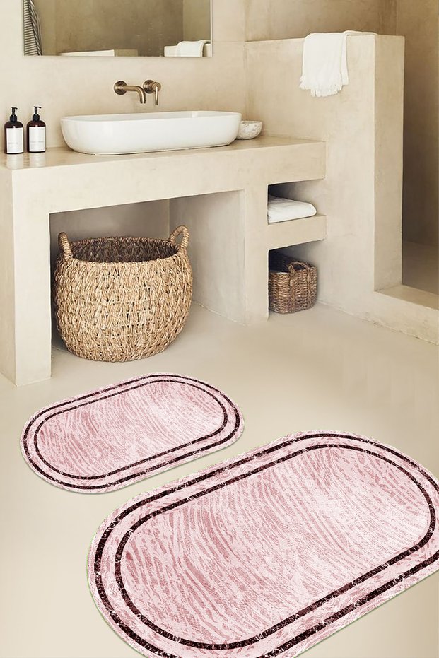 Printed Non-Slip Base Washable Framed Oval Bath Mat Set of 2 Toilet Mats