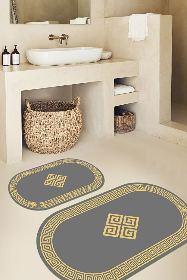 Printed Non-Slip Base Washable Framed Oval Bath Mat Set of 2 Toilet Mats