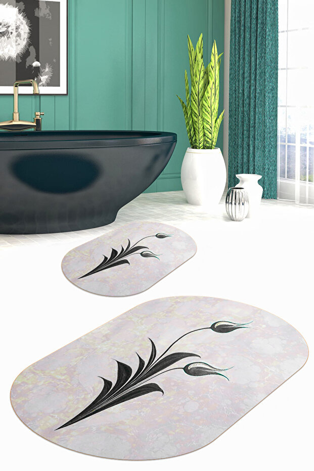 Printed Non-Slip Base Washable Flower Pattern Oval Bath Mat Set of 2 Toilet Seat Covers