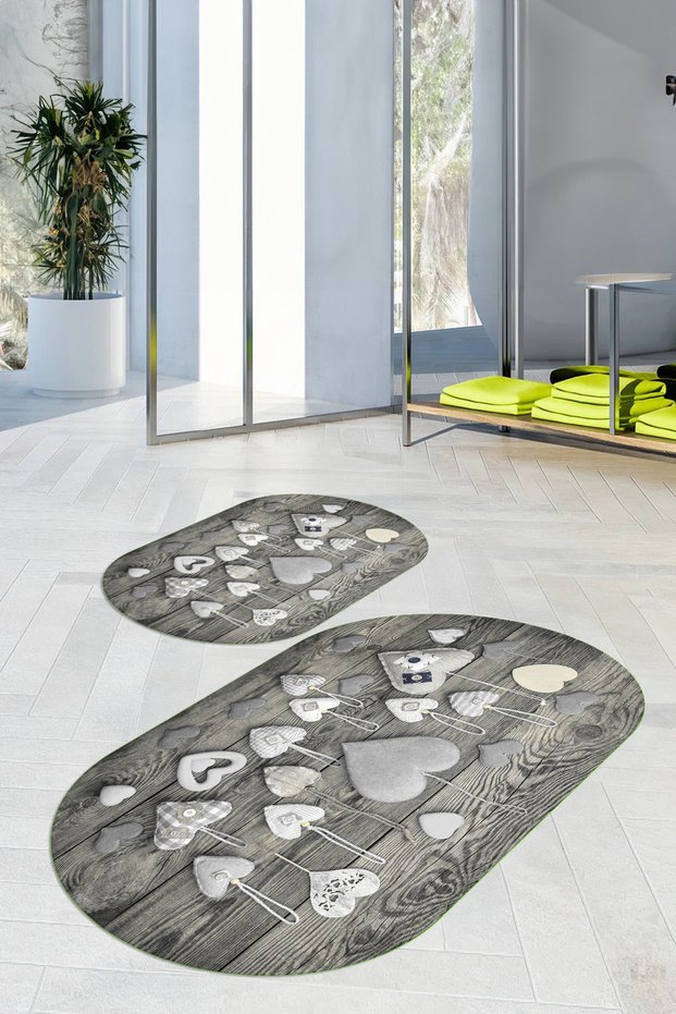 Digital Printed 3D Non-Slip Base Washable Oval Bath Mat Set of 2 Toilet Seats