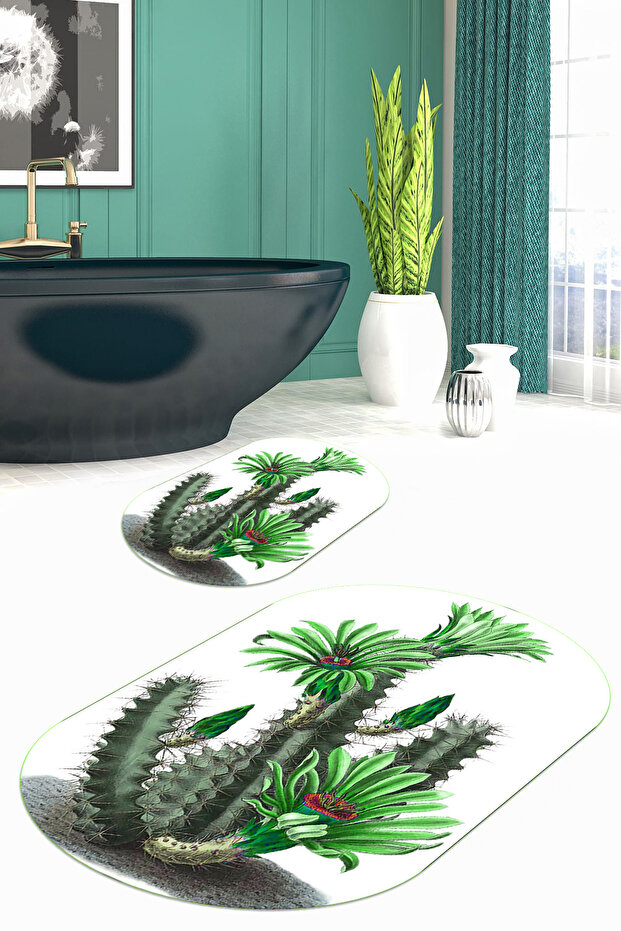 Printed Non-Slip Base Washable Cactus Pattern Oval Bath Mat Set of 2 Toilet Seat Covers