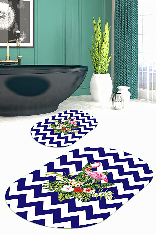 Printed Non-Slip Base Washable Flower Pattern Oval Bath Mat Set of 2 Toilet Seat Covers