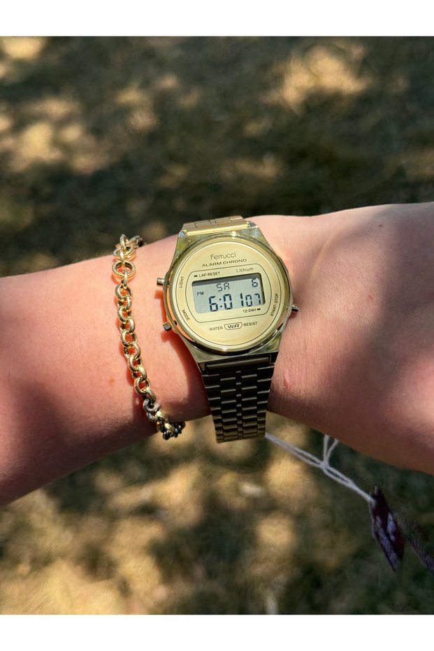 Gold Colored Digital Alarm Brand Model Waterproof Women's Watch with Steel Cord