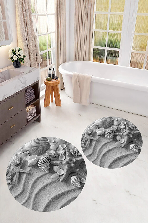 Digital Printed 3D Non-Slip Base Washable Round Bathroom Mat Set of 2 Toilet Seat Covers